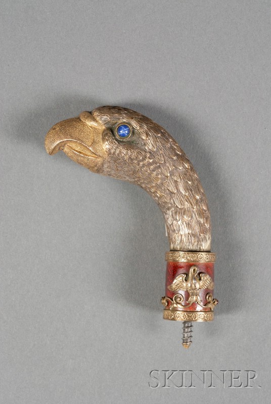 Appraisal: Russian Goldwashed Silver Enamel and Stone-set Eagle Head Cane Handle