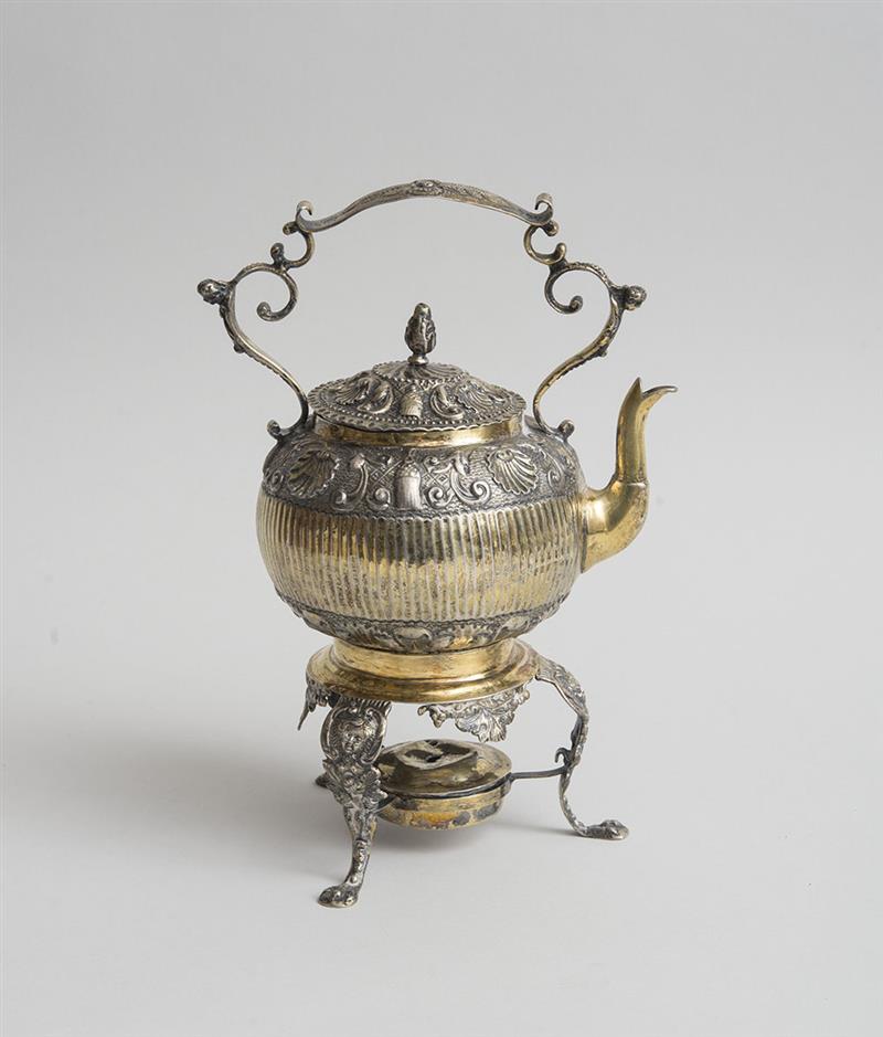 Appraisal: DUTCH SILVER-GILT KETTLE ON WARMING STAND Marks rubbed x in