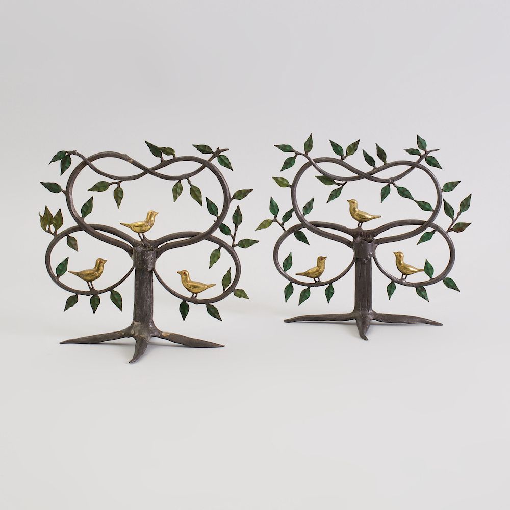 Appraisal: Pair of Painted Wrought-Iron and Gil-Metal Bird-in-Tree Candlesticks x in