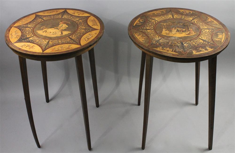 Appraisal: NEAR PAIR CONTINENTAL CIRCULAR MARQUETRY TABLES each having a round