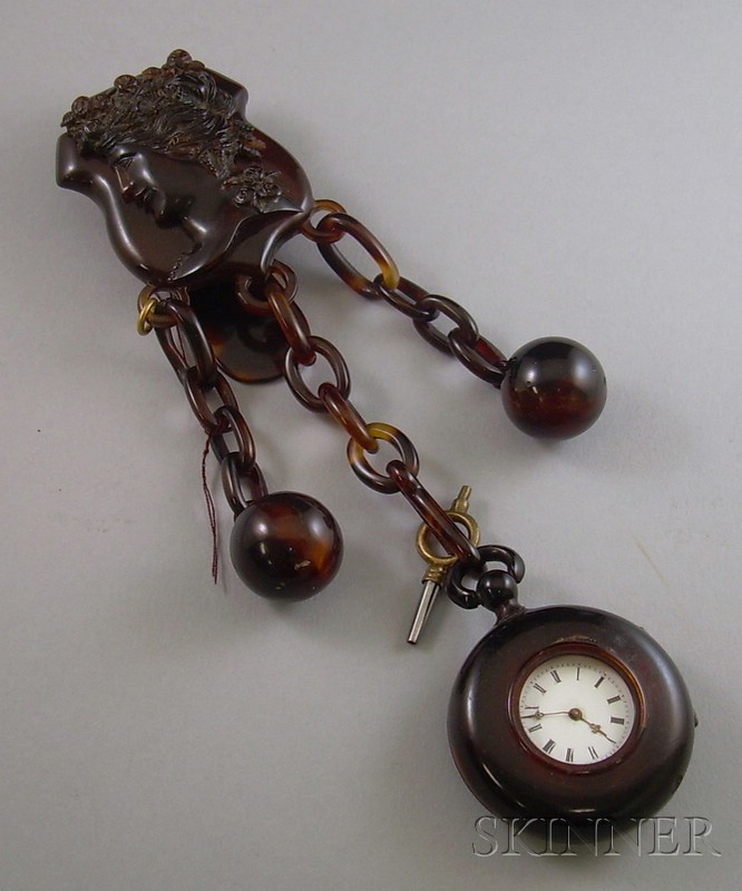 Appraisal: Tortoiseshell Chatelaine with Pocket Watch and Key watch lacking crystal