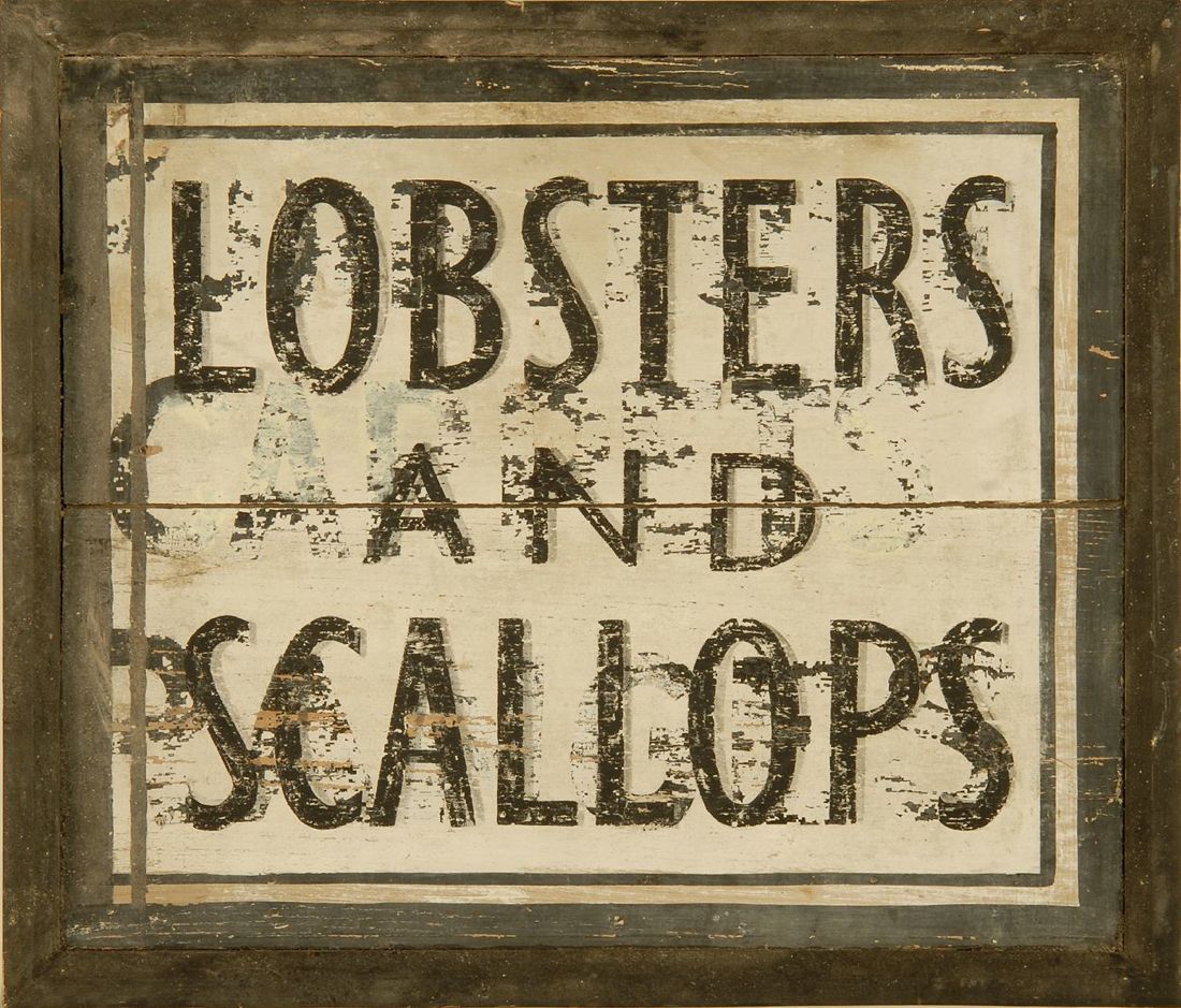 Appraisal: PAINTED WOODEN SIGN Early th CenturyLobsters and Scallops with black