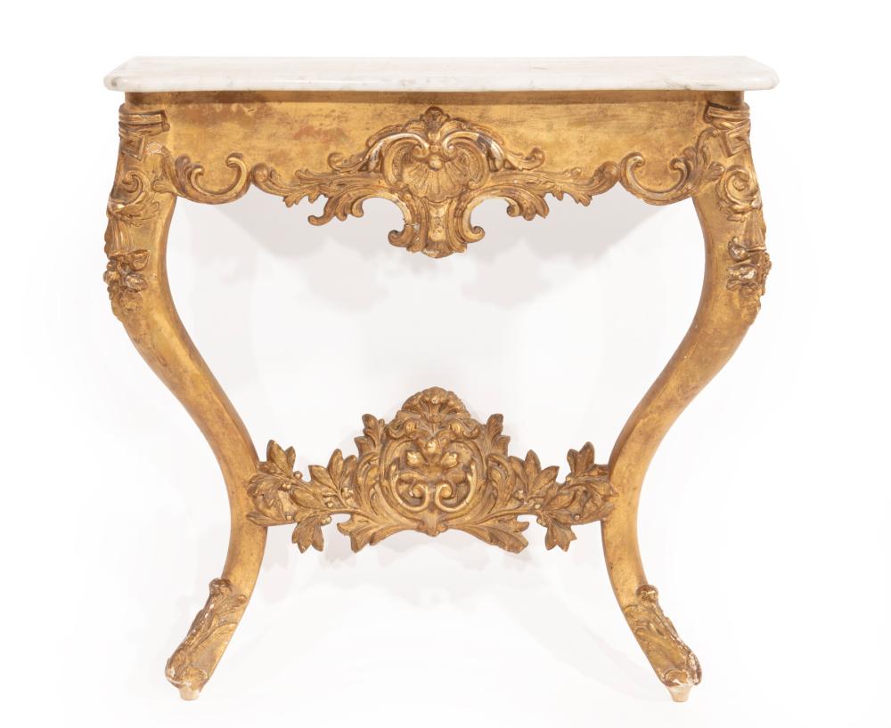 Appraisal: Antique Louis XV-Style Giltwood Console marble top foliate-carved frieze cabriole