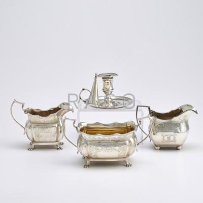 Appraisal: FOUR PIECES IRISH SILVER HOLLOWARE Cushion shaped footed cream and