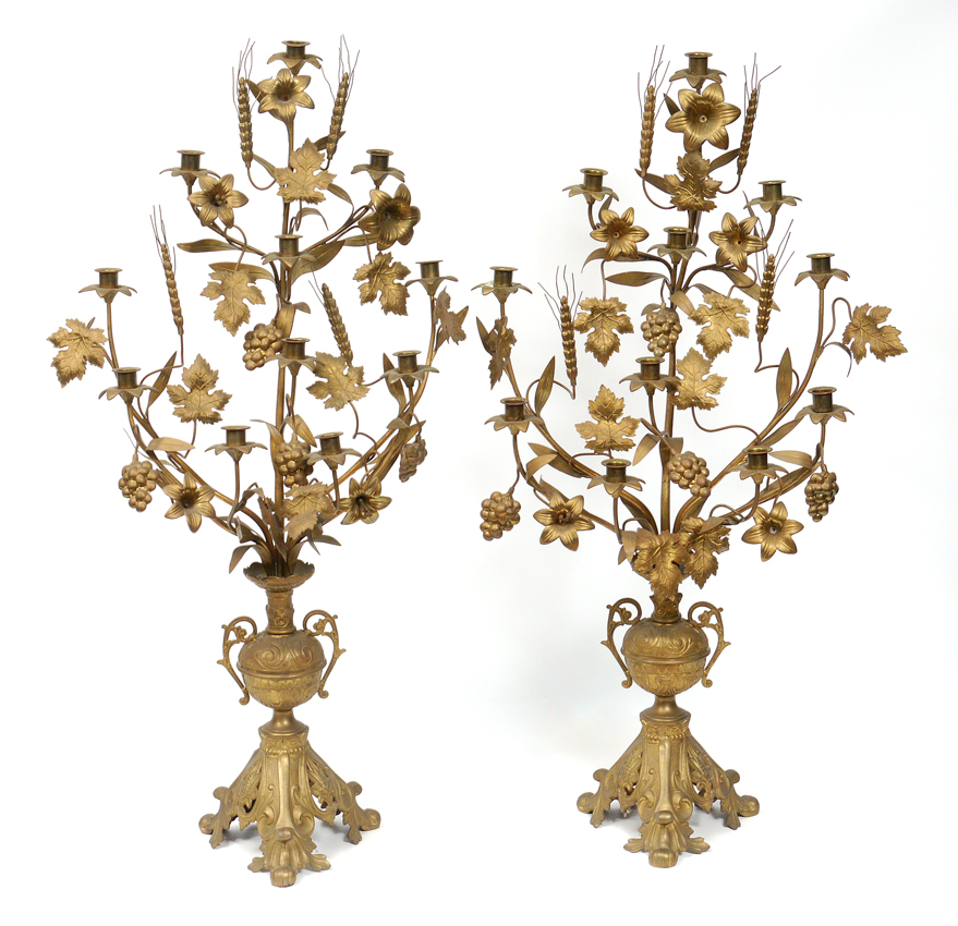 Appraisal: PAIR VICTORIAN FOLIATE MOTIF BRASS CANDELABRA Cast brass with grape