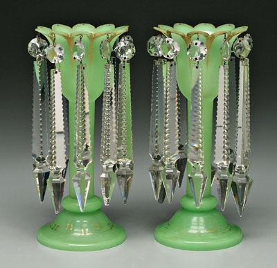 Appraisal: Pair green glass lusters tulip shapes frosted surface with gilt