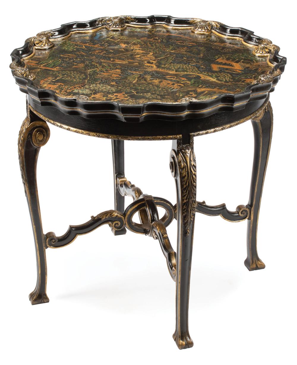 Appraisal: Chippendale-Style Chinoiserie Table pie crust top pierced stretcher club feet