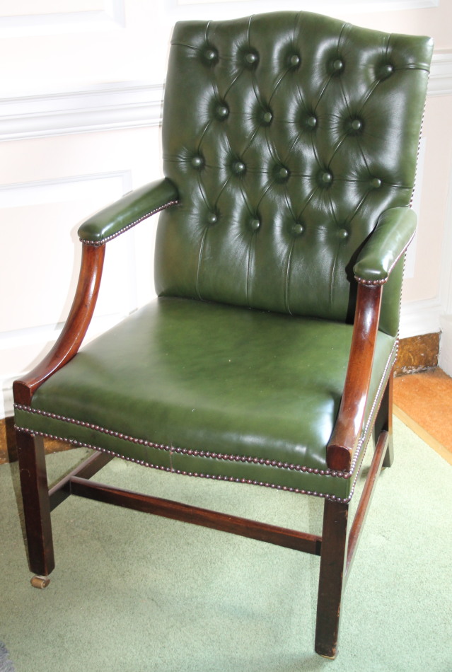 Appraisal: A mahogany Gainsborough type open armchair upholstered in button green