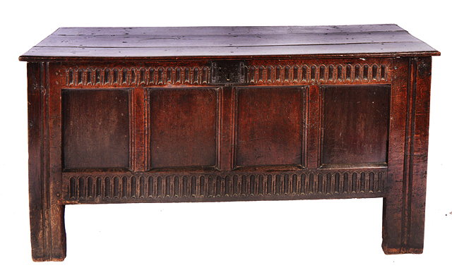 Appraisal: A TH CENTURY OAK COFFER with plank top and quadruple