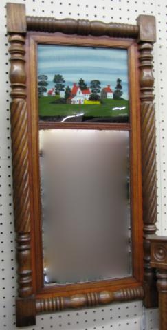 Appraisal: American antique reverse painted mirror columnar frame reverse painted scenic