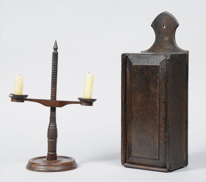 Appraisal: ENGLISH OAK CANDLE BOX Together with an English adjustable candlestick