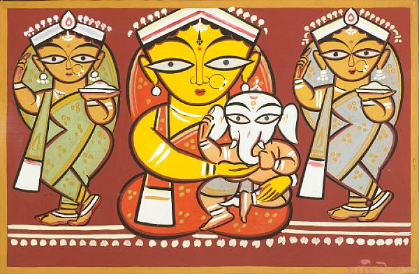 Appraisal: Jamini Roy - Parvati and Ganesha with attendants Color and