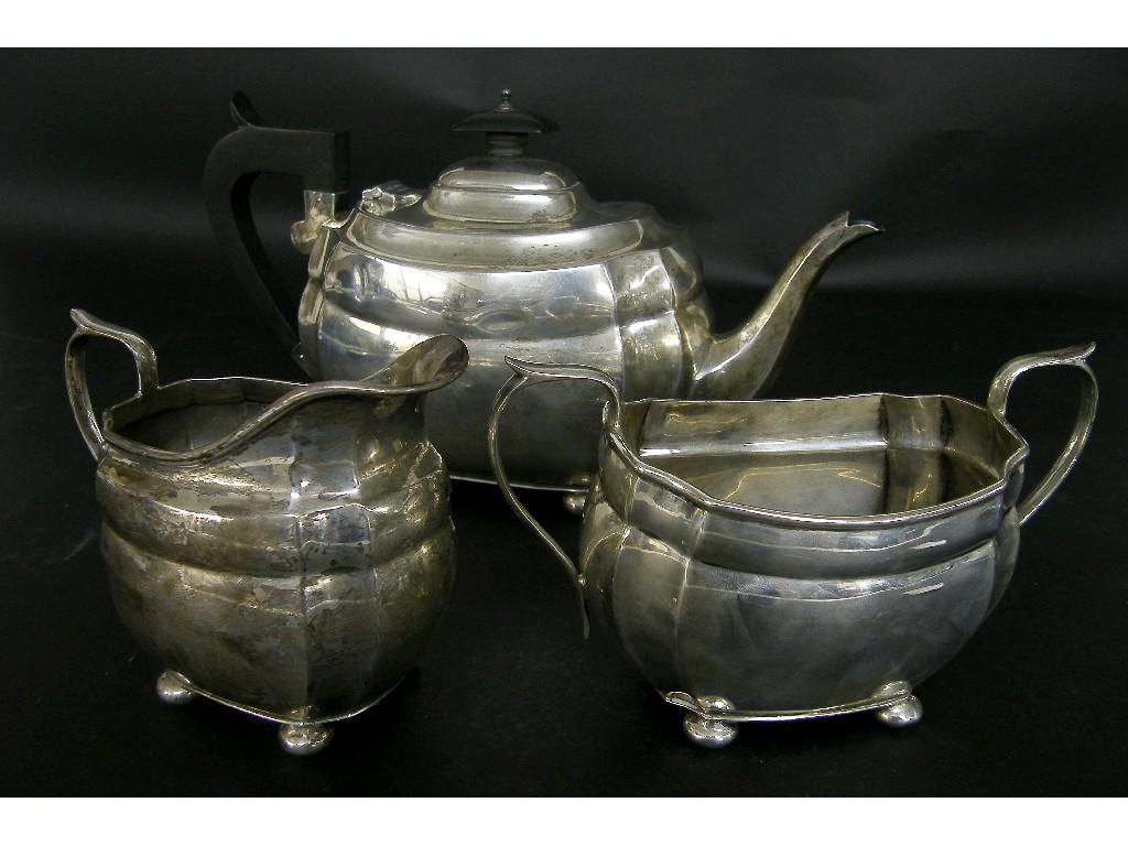 Appraisal: Three piece silver boat shaped tea service with canted corners