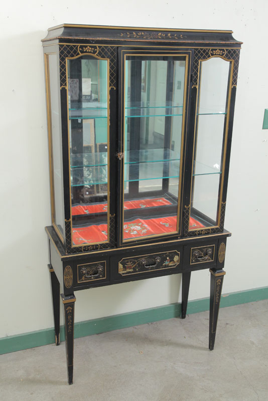 Appraisal: ORIENTAL CURIO CABINET Black laquered cabinet with mirrored back glazed