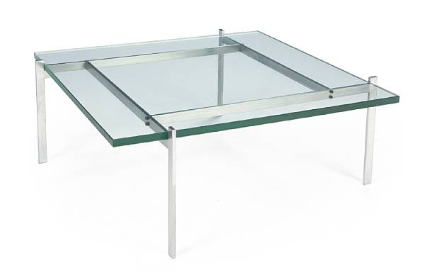 Appraisal: A Poul Kj rholm chrome-plated steel and glass low table