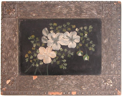 Appraisal: th Century Primitive Floral Painting on Metal Artist American Botanical