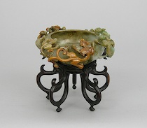 Appraisal: Finely Carved Jadeite Brush Wash Bowl with Decorative Carved Wood