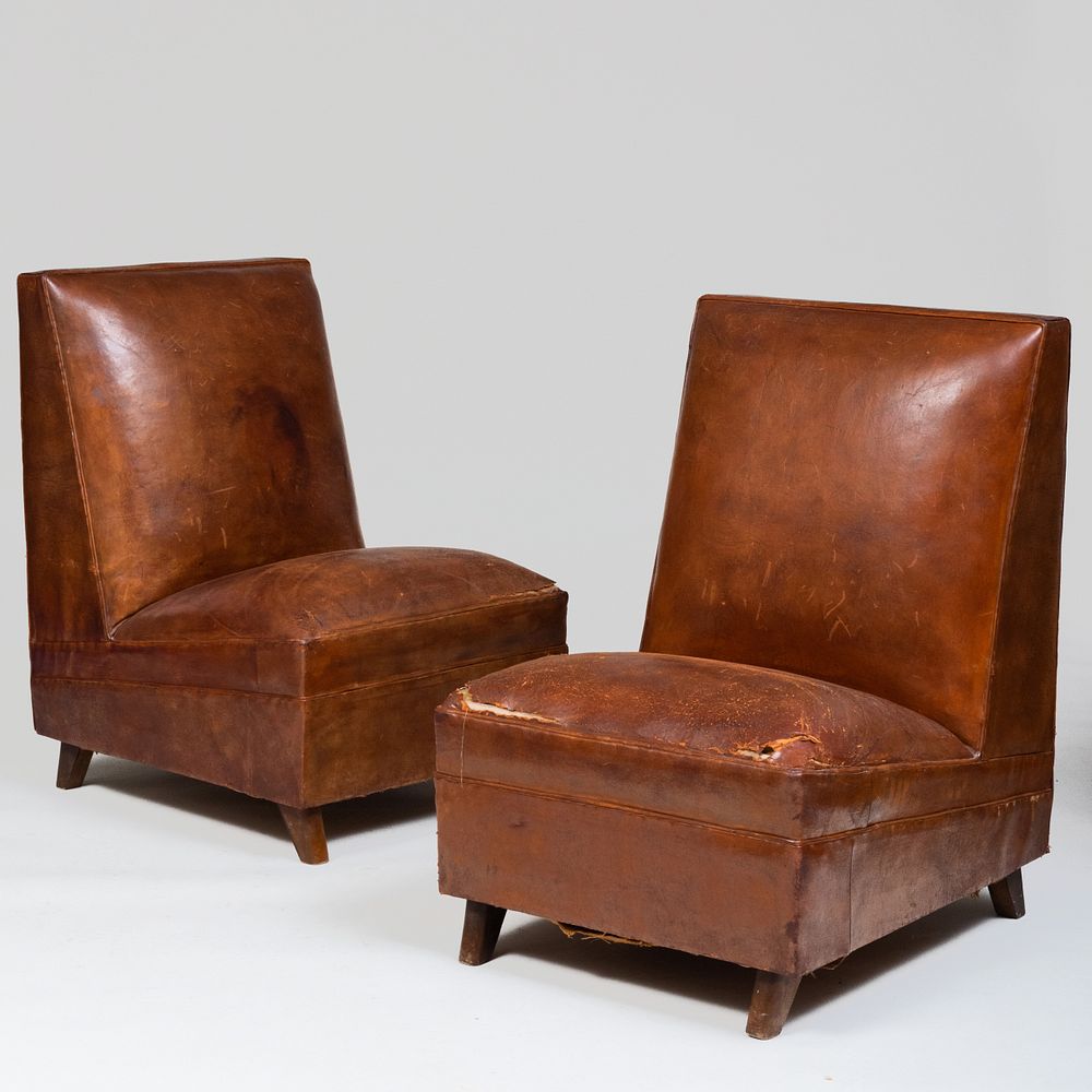 Appraisal: Pair of French Art Deco Leather Club Chairs with Canted