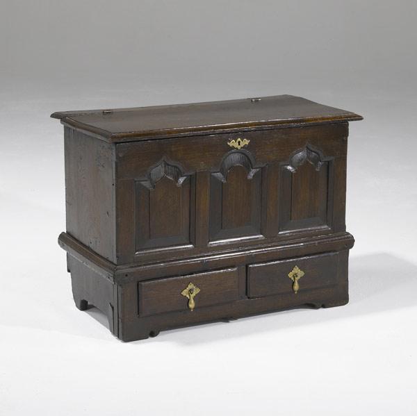 Appraisal: ENGLISH MINIATURE BLANKET CHEST Paneled mahogany with brass hardware th