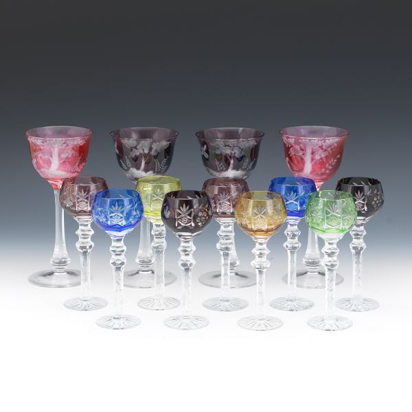 Appraisal: THIRTEEN BOHEMIAN COLOR CUT TO CLEAR CORDIALS AND WINE GLASSES