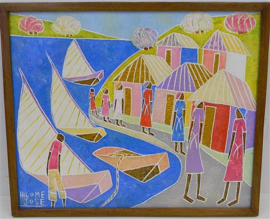 Appraisal: Hilome Jose Haitian b oil on canvas Harbor colorful sea