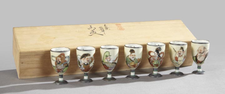 Appraisal: Cased Set of Seven Japanese Satsuma Porcelain Liqueur Goblets each