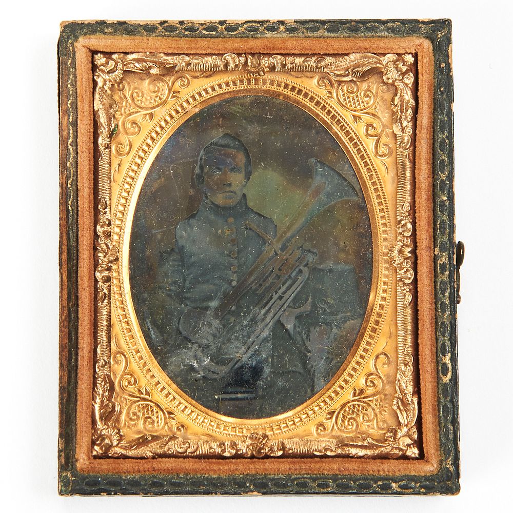 Appraisal: Civil War Era Solider w Horn Ambrotype Civil War era