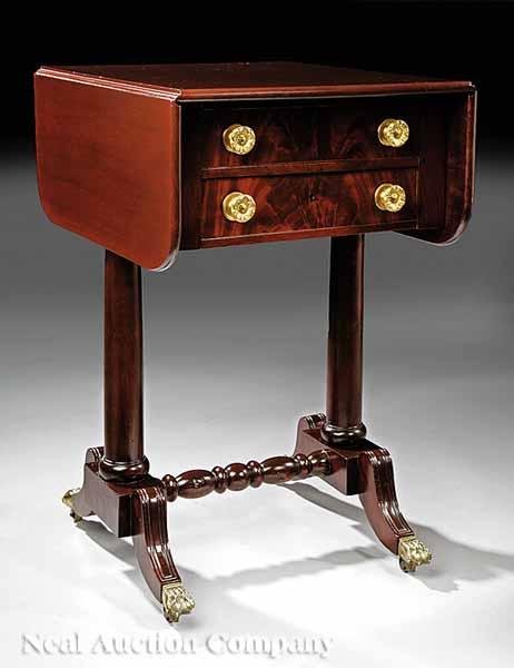 Appraisal: An American Federal Mahogany Drop-Leaf Sewing Table c fitted with