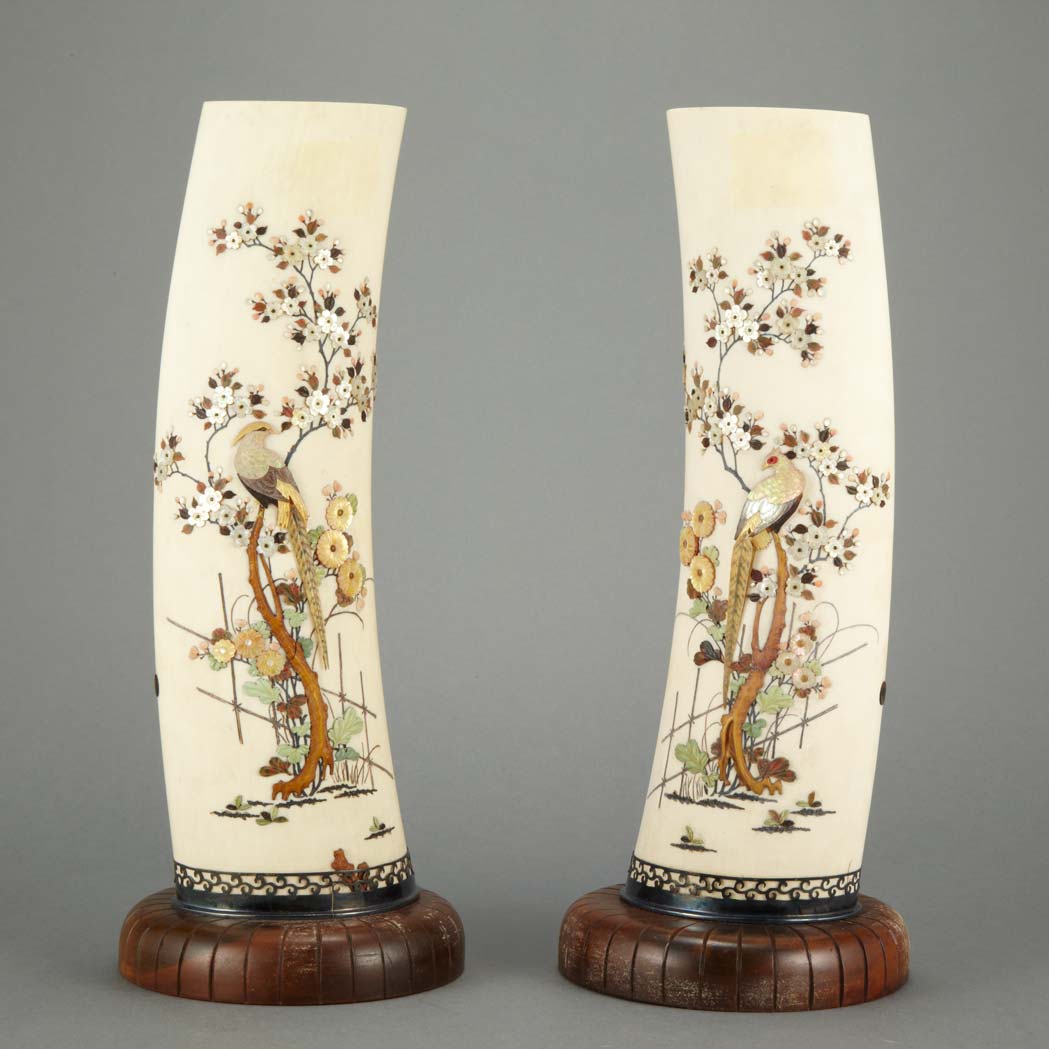 Appraisal: Pair of Japanese Shibayama Ivory Tusk Vases Taisho Period Each