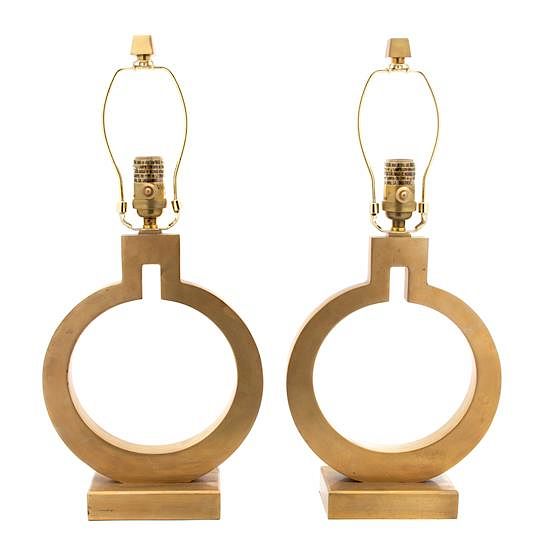 Appraisal: A Pair of Modern Brushed Gilt Metal Circular Lamps Height