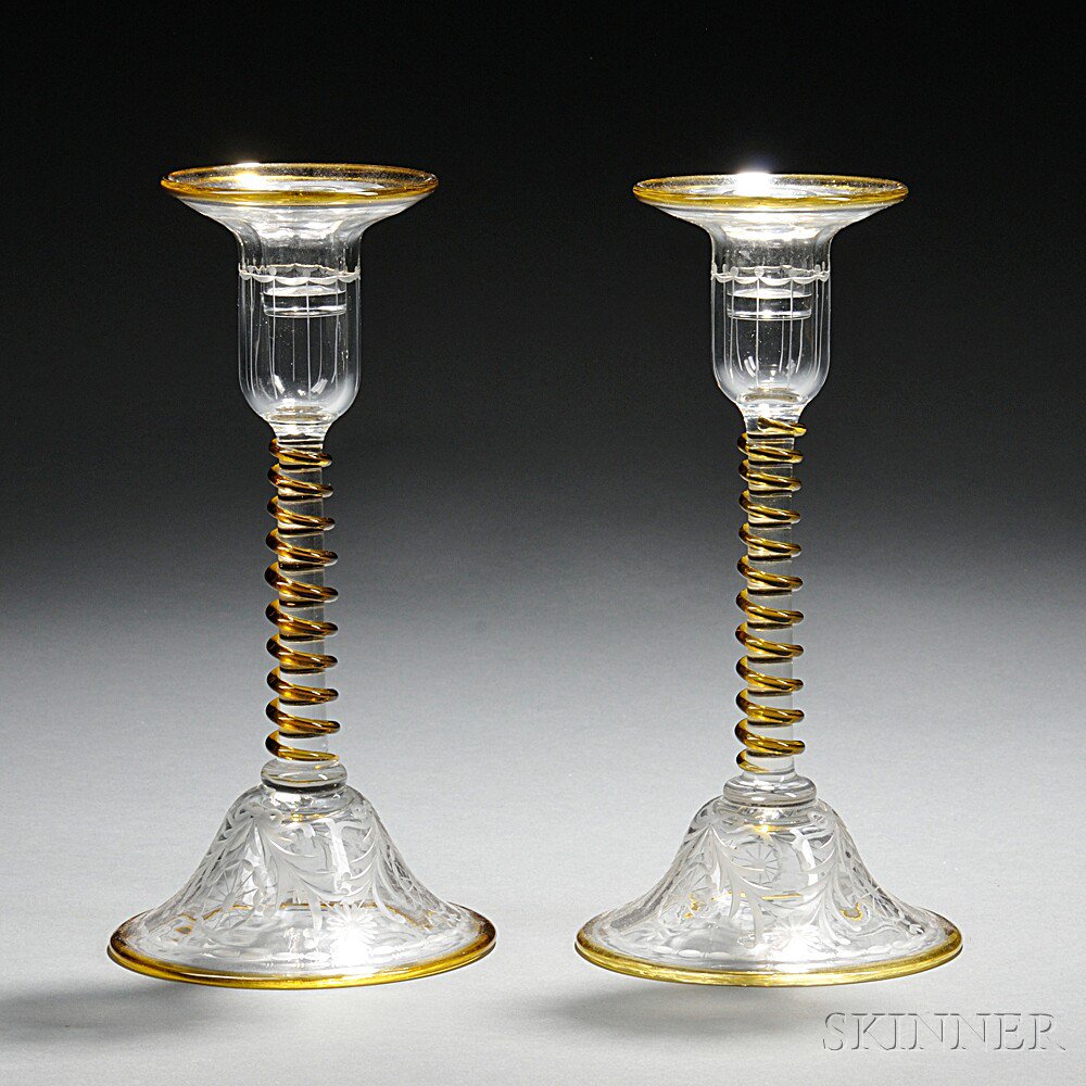 Appraisal: Pair of Pairpoint Glass No Candlesticks Engraved in the Waterford