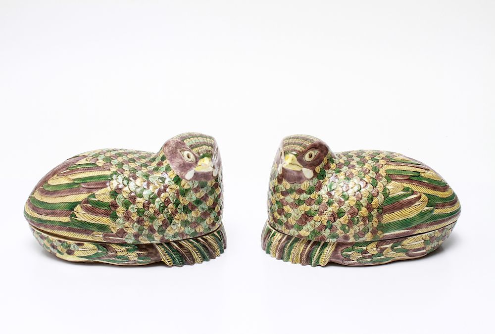 Appraisal: Chinese Export Sancai Porcelain Grouse Tureens Pair of Chinese export