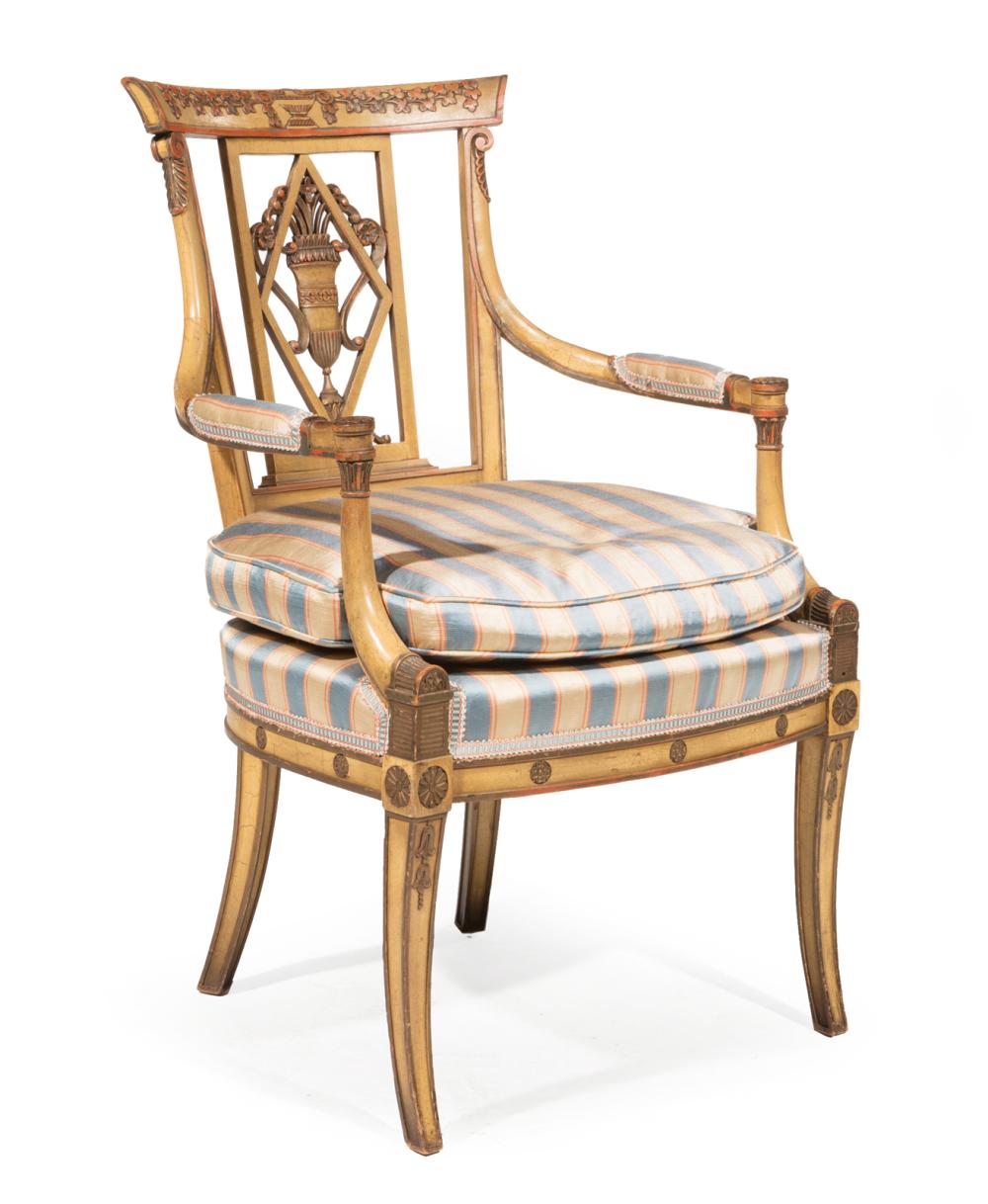 Appraisal: Directoire-Style Paint-Decorated Fauteuil floral decorated crest rail pierced urn splat