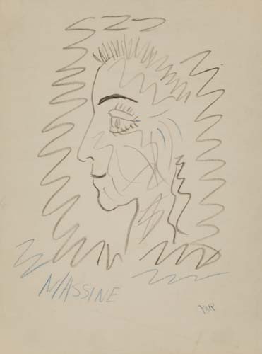 Appraisal: MAN RAY Portrait of Leonide Massine Black and blue crayon