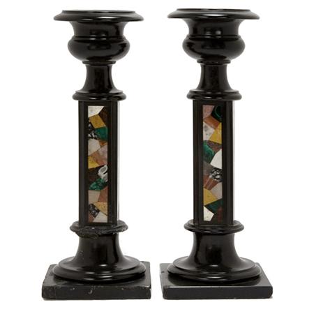 Appraisal: Pair of Neoclassical Style Pietra Dura Candlesticks Estimate -