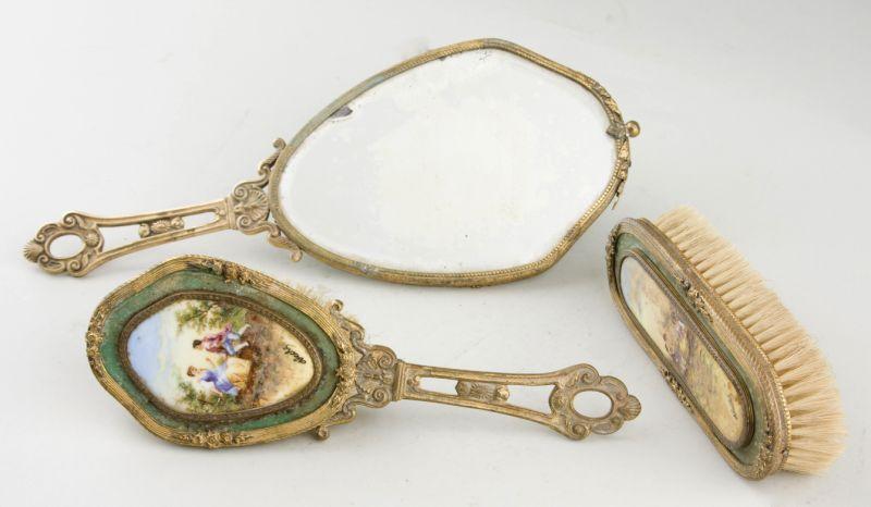 Appraisal: French Enamel Vanity Set ca including hand mirror hair brush