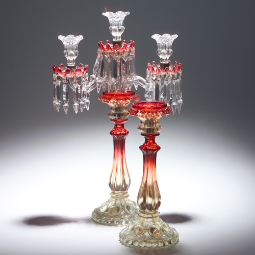 Appraisal: Baccarat candelabra with matching candleholder Three light candelabra with drop