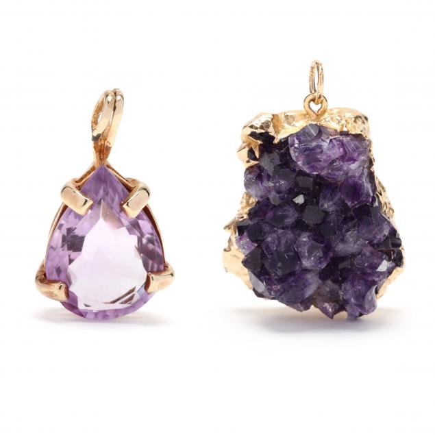 Appraisal: Two Amethyst Pendants To include an amethyst geode pendant gold