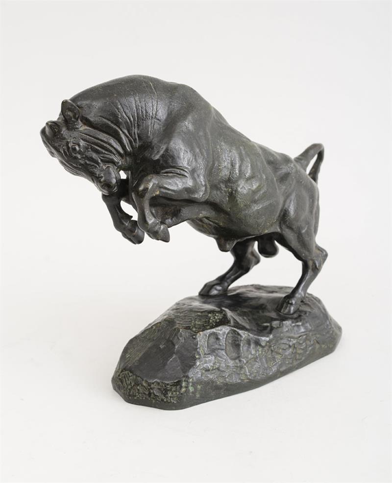 Appraisal: AFTER ANTOINE-LOUIS BARYE - REARING BULL Bronze inscribed 'Barye' x