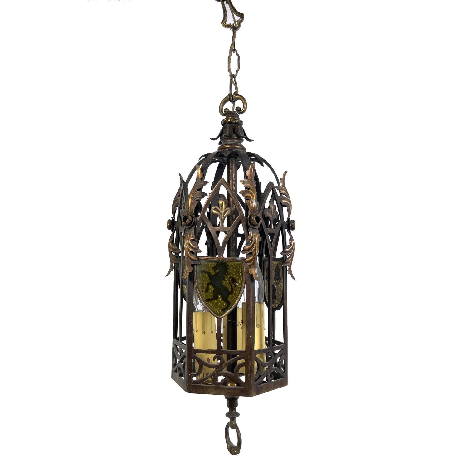 Appraisal: Hexagonal Vintage Metal Hanging Pendant Light Leaf and rose elements