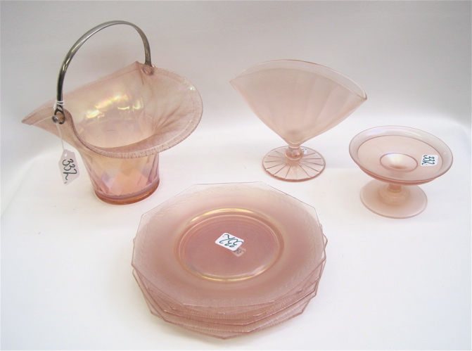 Appraisal: NINE PIECES VELVA ROSE PINK STRETCH GLASS Fenton plates Laurel