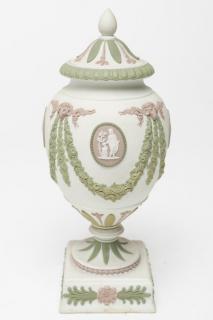 Appraisal: Wedgwood Jasperware Neoclassical Urn Tri Wedgwood Jasperware Neoclassical-style pottery urn