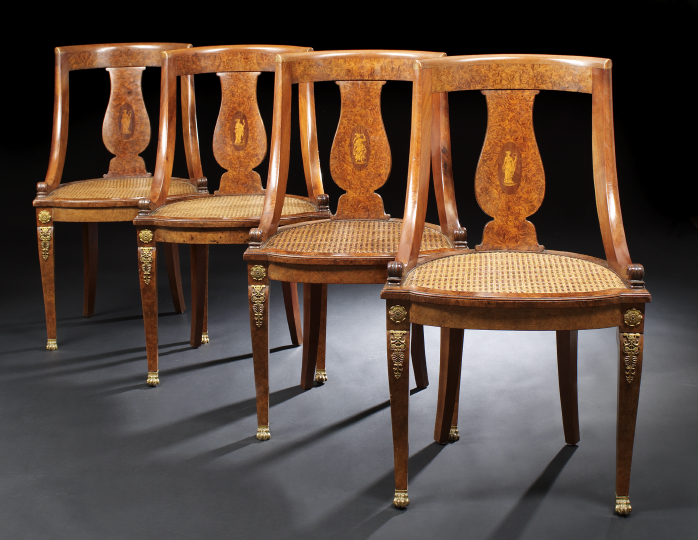 Appraisal: Suite of Four Empire Burled Walnut Sidechairs early th century