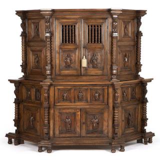 Appraisal: A Continental carved walnut court cupboard Mid th century and