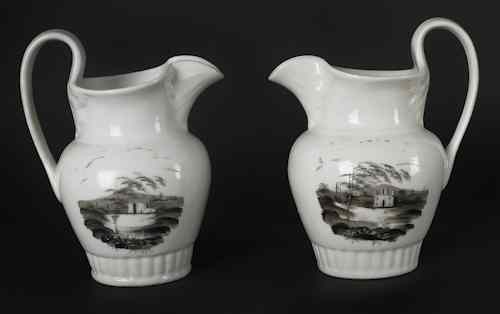 Appraisal: Two Tucker porcelain pitchers ca with decorated grisaille landscapes h