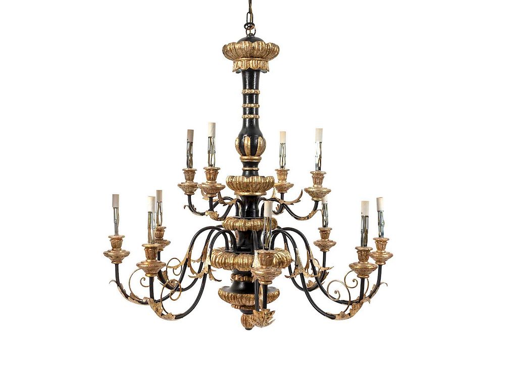 Appraisal: A Black and Gilt Painted Metal Twelve-Light Chandelier Height x