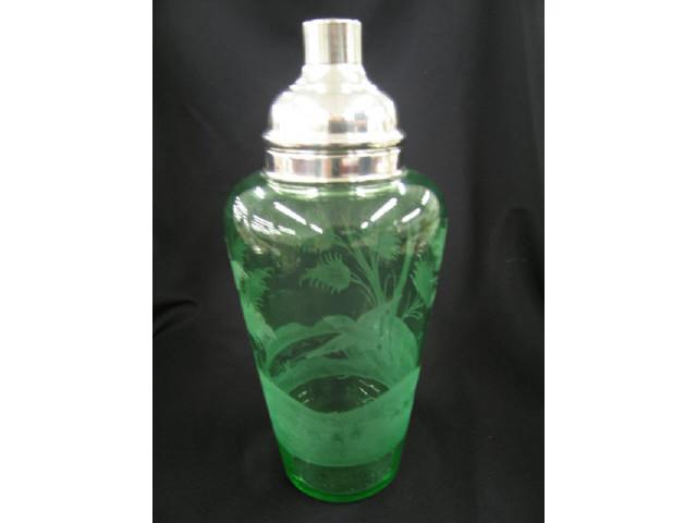 Appraisal: Hawkes Etched Crystal Sterling Cocktail Shaker bird lakefront scene on