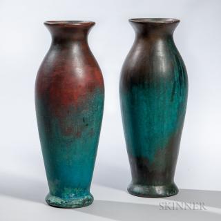 Appraisal: Two Tall Clewell Pottery Vases Ceramic Canton Ohio - Bronze