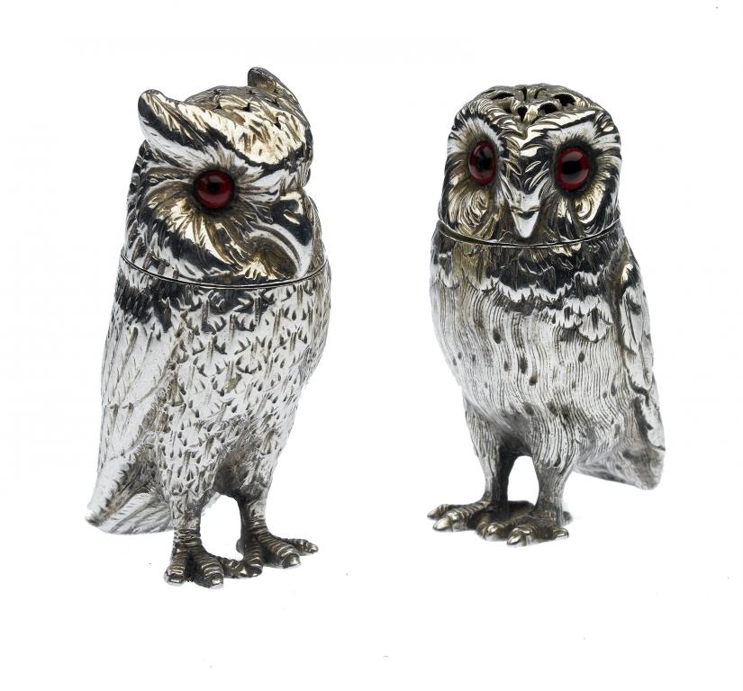 Appraisal: TWO VICTORIAN SILVER OWL NOVELTY PEPPERETTES cm h by Richards