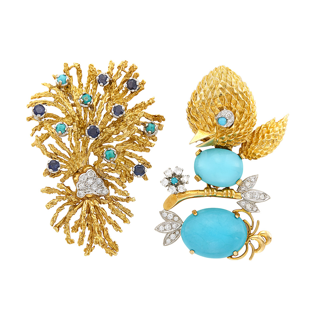 Appraisal: Two Gold Turquoise Diamond and Sapphire Brooches kt yellow white